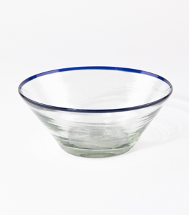 MÜSLISCHÜSSEL blauer Rand 6x8x15cm mundgeblasen Glas