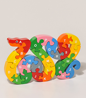 PUZZLE Schlange Alphabet& Zahlen, 26x16cm, Albasiaholz
