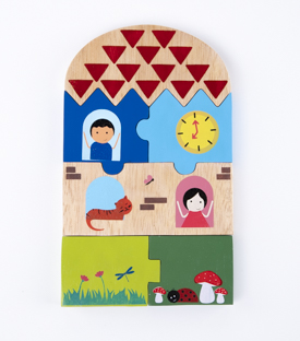 PUZZLE Haus mit Kindern Gummibaumholz 25x15x2cm