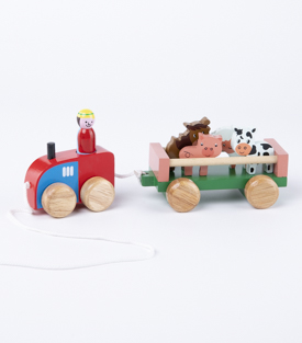 TRAKTOR mit Tieranhänger Albasiaholz, 28x10x11cm