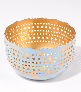 TEELICHTHALTER rund eisblau gold, Metall, dm 13xH8cm