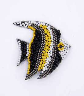BROSCHE Zari Fisch Glas Textil Messing 6x5,5cm