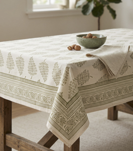 TISCHDECKE Farn  Baumwolle beige Aufdruck oliv 150x220cm