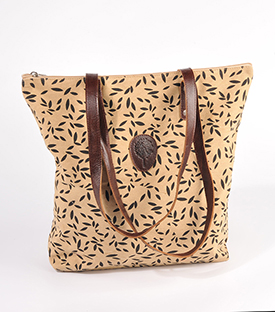 SHOPPER Blätter beige BW m. Ökoleder, 30x9xH36cm