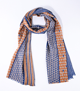 SCHAL  blau-ocker 100% Merinowolle, 200x70cm