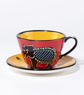TEETASSE mit Unterteller Elefant gelb-rot 10/14xH6,5cm