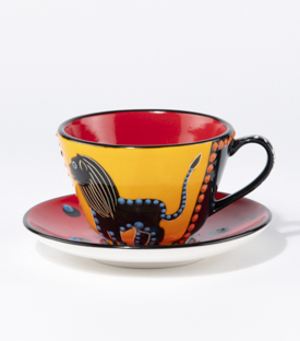 TEETASSE mit Unterteller Löwe rot-gelb 10/14xH6,5cm