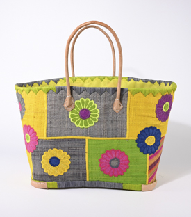KORBTASCHE Blumen Patchwork Raffia 50xH33cm Boden 40x23cm