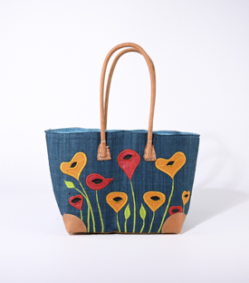 KORBTASCHE Tulpen petrol Raffia 38xH24cm Boden 28x18cm