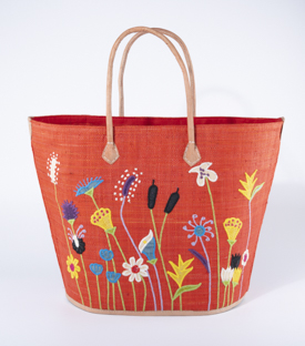 KORBTASCHE Blumenwiese rot Raffia H40 x B50 x T25cm