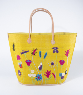 KORBTASCHE Blumenwiese gelb Raffia H40 x B50 x T25cm