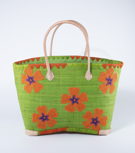 KORBTASCHE Blumen grün orange Raffia H31 x B46 x T20cm