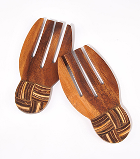 SALATBESTECK, Bambusintarsien Regenbaumholz, 19x10cm