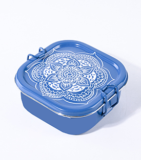 LUNCHBOX Edelstahl blau Blume handbemalt, 12x12xH5cm